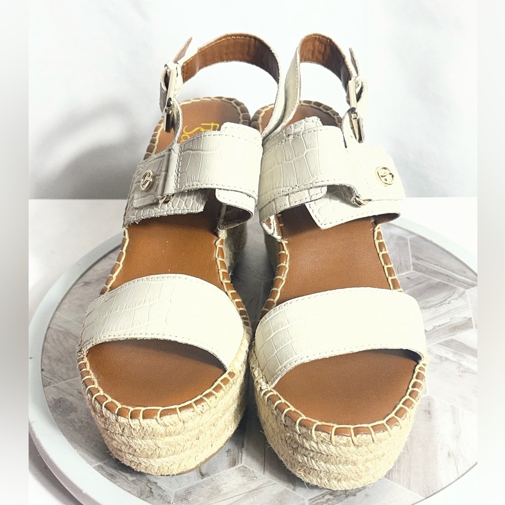 Franco Sarto White Croc Embossed Espadrille Wedge Sandals Size 7.5 Leather